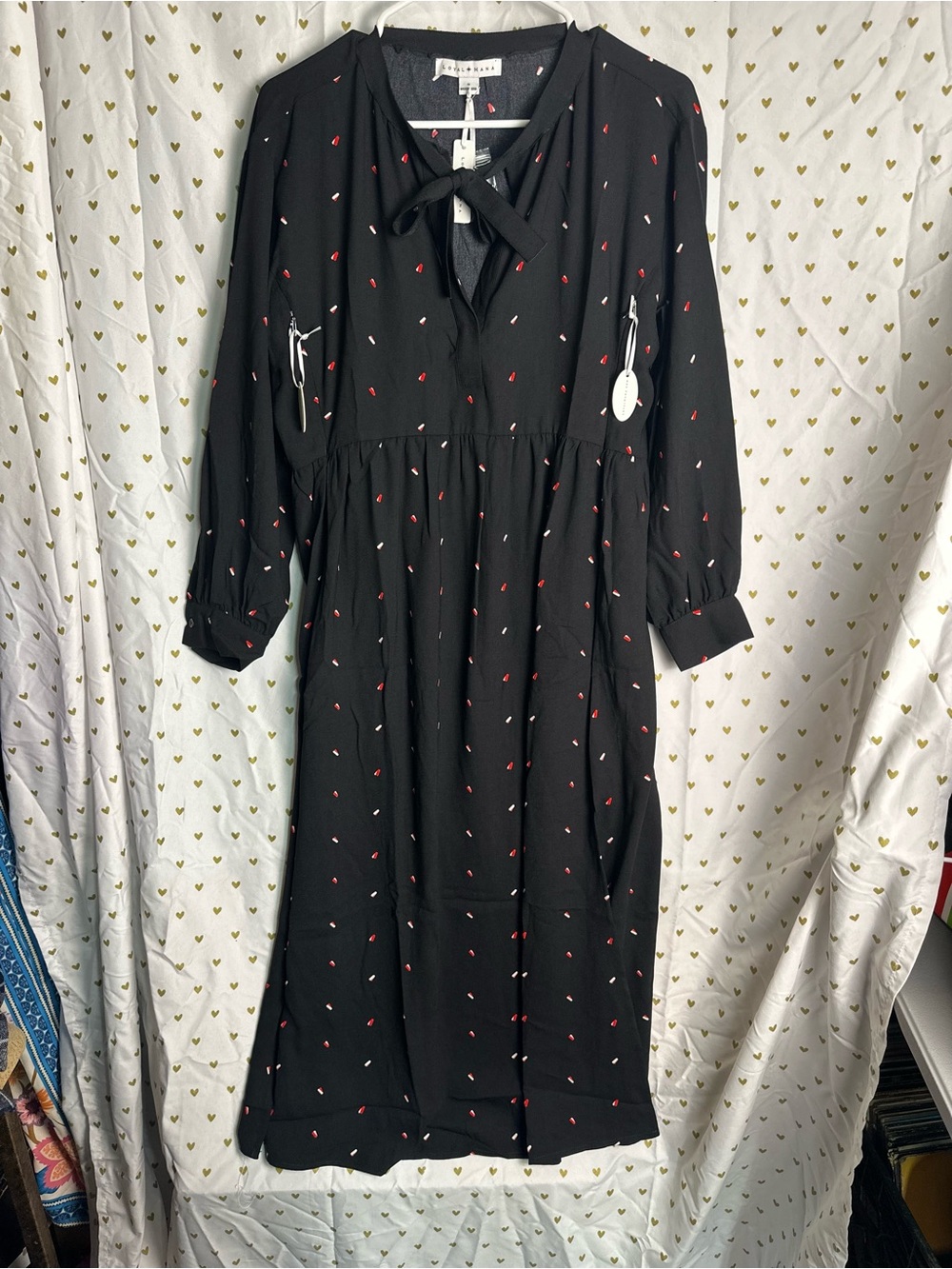 Tie-Neck Black Midi Dress with Red Print - Unbranded